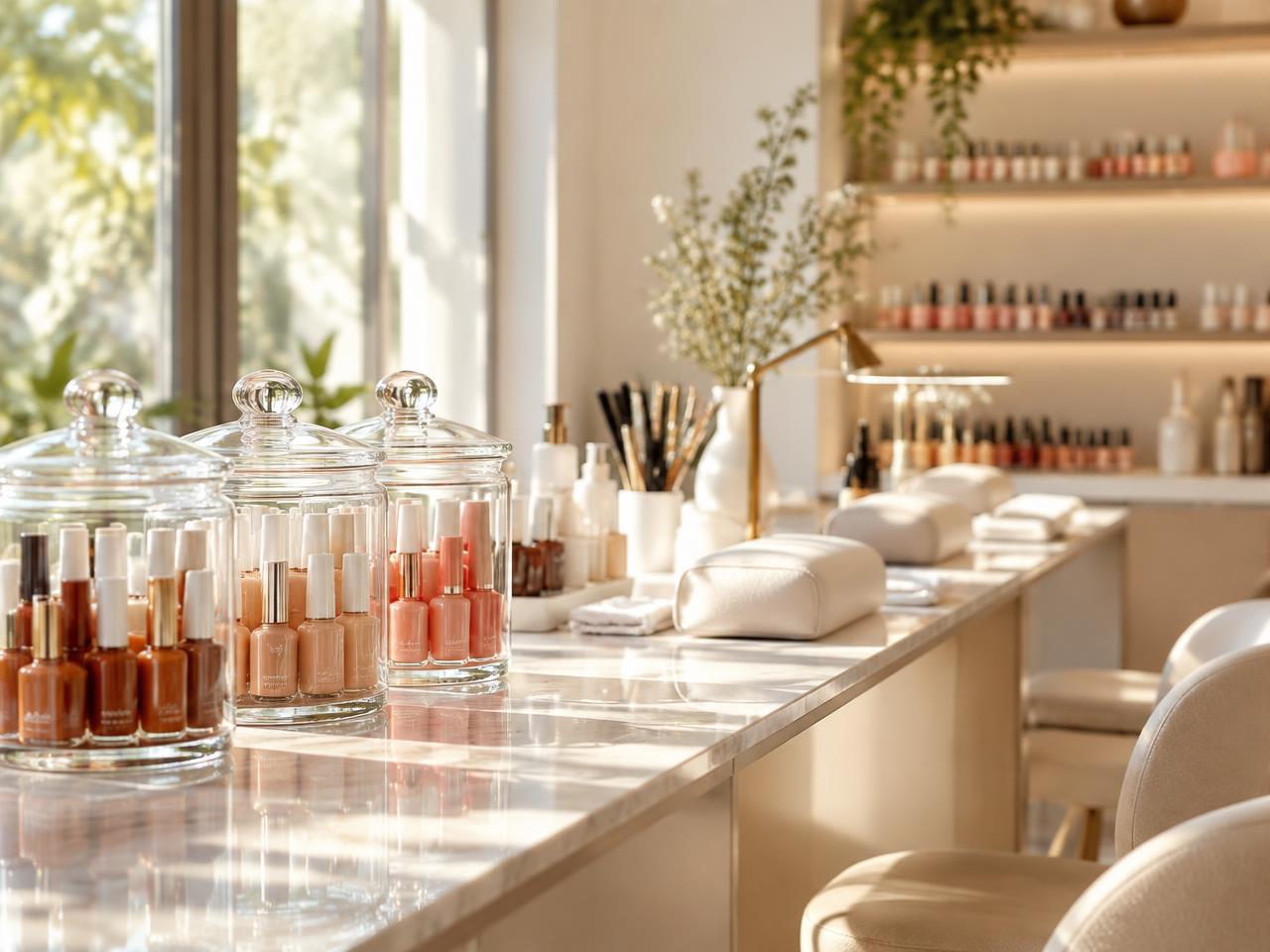 Modern nail salon counter with polish in warm daylight